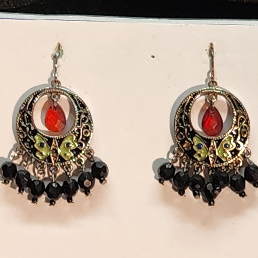 Boho Enamel Butterfly & Red Teardrop Chandelier Earrings